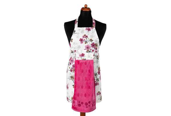 Dekonaz Çiçek Desenli Mutfak Önlüğü | Fuşya Havlu ve El Bezi Hediyeli | 73cm x 59cm