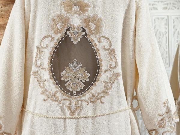 Rana Fransız Dantelli Balayı Bornoz Seti Ekru Altın