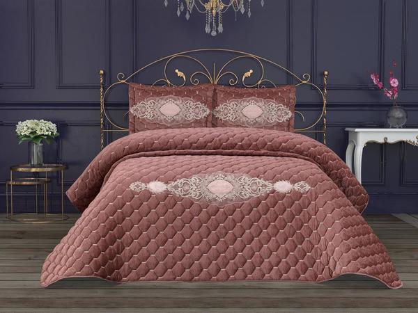 California Kadife Dolgulu Çift Kişilik Yatak Örtüsü Gül Kurusu