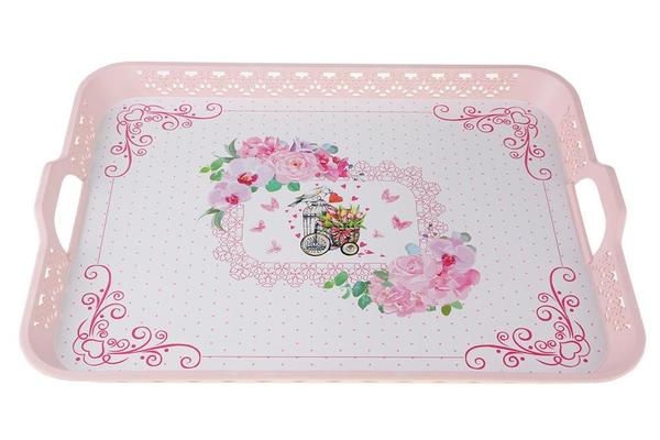 Dekonaz Servis Tepsisi Kuş Desenli Pembe 52x38 cm