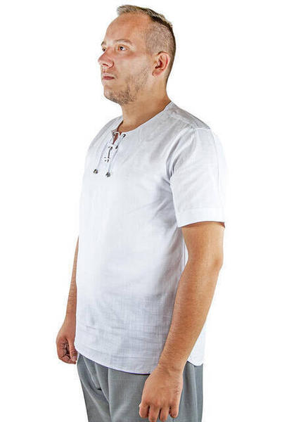 Chemise en lin à manches courtes et à col ras du cou - Blanc