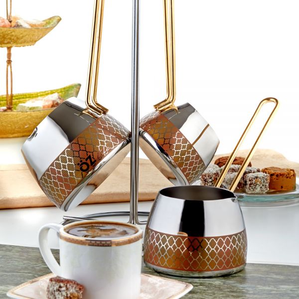 Öz Life | Hüma Dekorlu Kahverengi Cezve Takımı 4 Parça