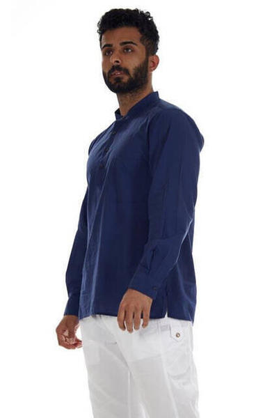 Chemise D'été Hajj Omra En Tissu Voile 4 Boutons Col Judge Bleu Marine