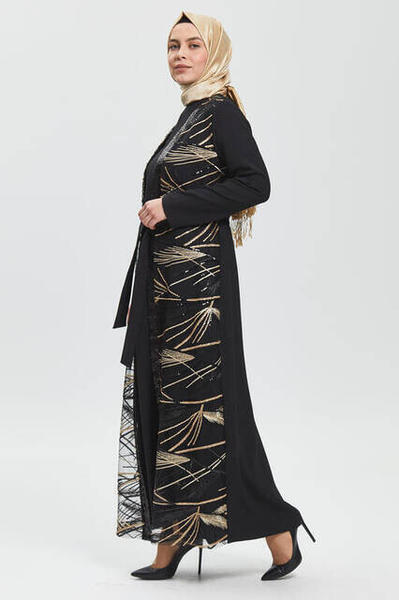 Derin Siyah Gold Çizgili Ferace 8013-20
