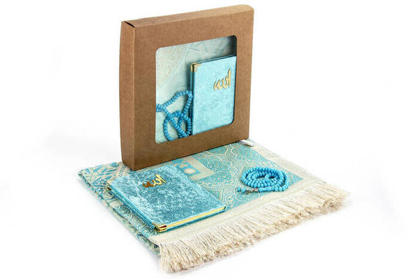 Ensemble de tapis de prière en boîte - Yasin recouvert de velours - tapis de prière - chapelet - couleur bleue