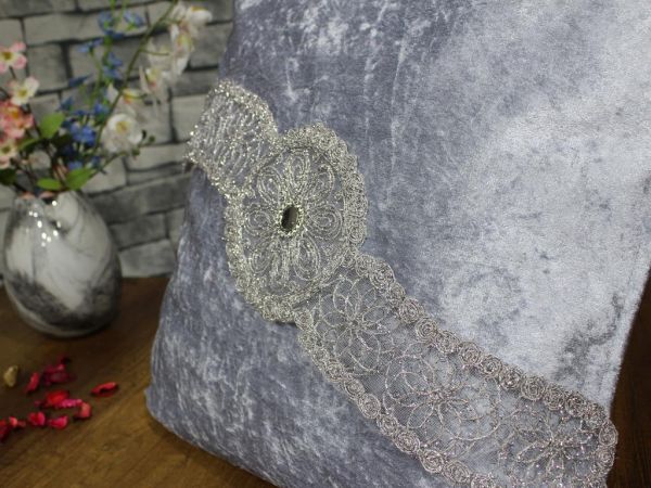 Çeyiz Diyarı Fransız Güpürlü Kadife Neslihan Zarf Bohça Gri