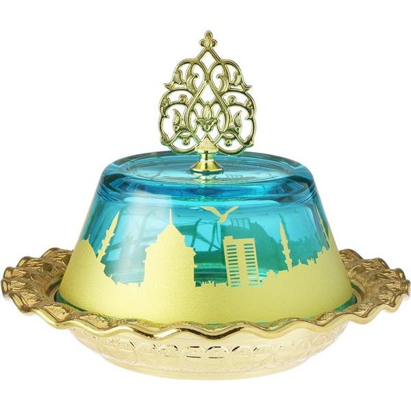 Lina Mavi Cam Kapaklı Altın Motifli Lokumluk