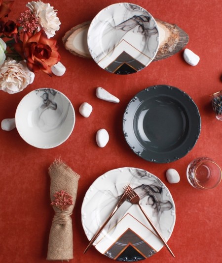 Acar Mutfak | Royal 24 Parça 6 Kişilik Mermer Desenli Porselen Yemek Takımı