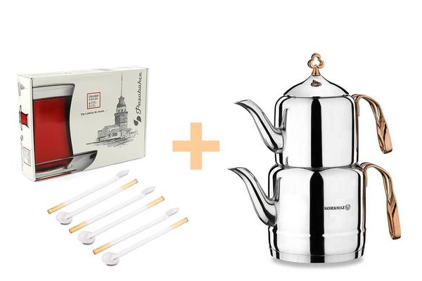 Korkmaz Çintemani Çaydanlık Takımı & 6'lı Cam Kaşık Seti & Üsküdar Çay Bardak Seti Hediyeli !