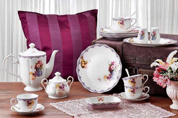 Neva Lila 36 Parça Çiçek Desenli Porselen Kahvaltı Takımı | Beyaz | 6 Kişilik