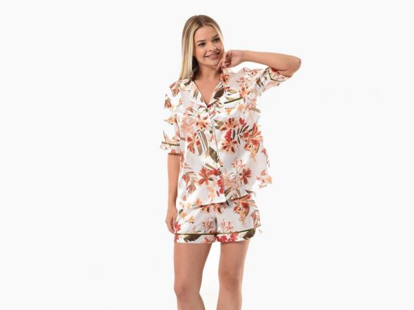 Patterned Satin Short Sleeve Shorts Set 7138 White