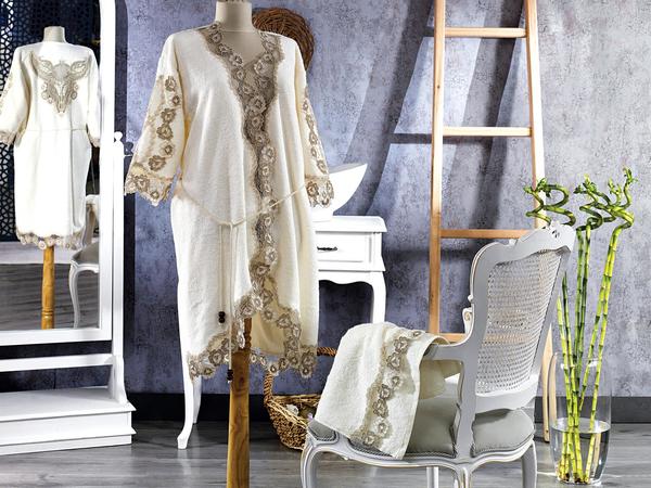 Minel Flitterwochen Bademantel Ecru Gold