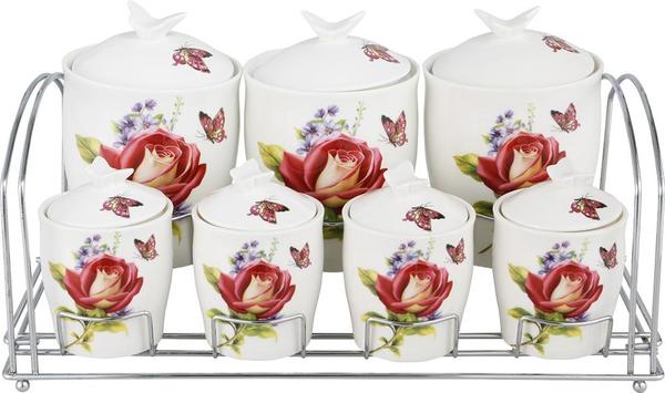 Bavary Fine Porselen Baharatlık Seti 15 Parça | Kırmızı | Gül Kelebek Desen