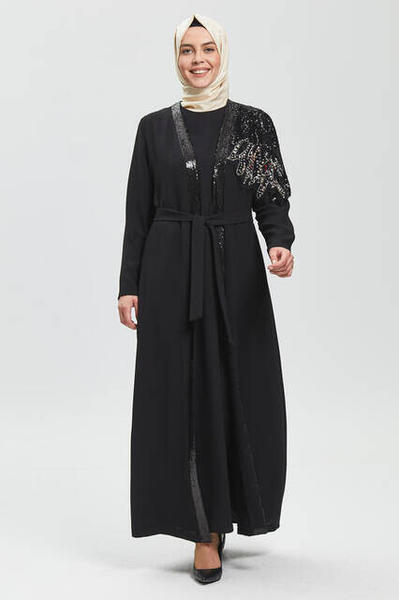 Derin Siyah Tek Omuz İşlemeli Ferace 8021-20