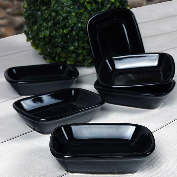 Rechteckige schwarze Snack- / Saucenschüssel 13 cm 6 Stück | Keramika