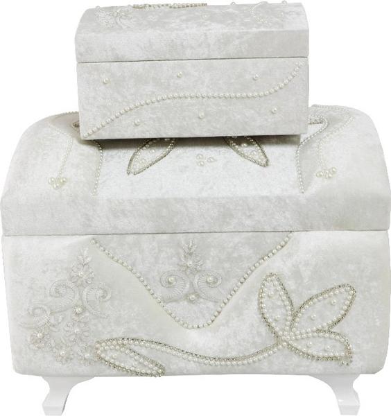 Dekonaz 2'li İnci Süslemeli Çiçek Desenli Çeyiz Sandığı | Krem | Dts-0001-c