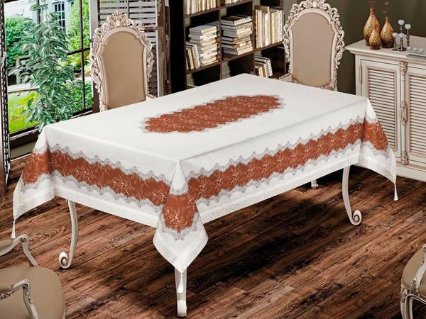 Nilüfer Rectangular Printed Tablecloth Cream Brown
