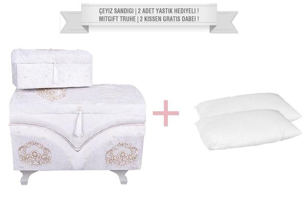 Dekonaz 2'li Dantel İnci Süslemeli Çeyiz Sandığı | 2 Adet Yastık Hediyeli !