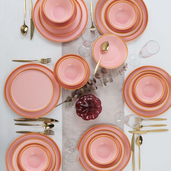 Wide Gold Mat Açık Pembe Yemek Takımı 6 Kişilik 24 Parça | Keramika