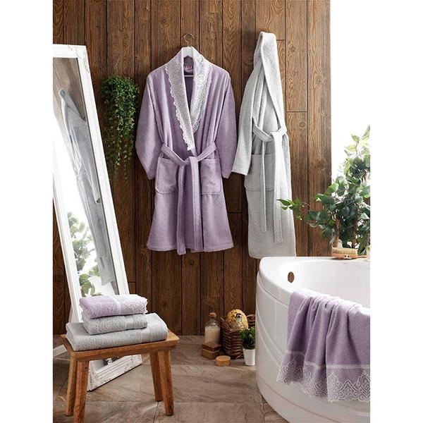 Taç Dantelli Aile Bornoz Seti Alcanar Lila Gri