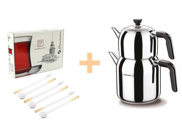 Korkmaz Kappa Büyük Çaydanlık & 6'lı Cam Kaşık Seti & Üsküdar Çay Bardak Seti