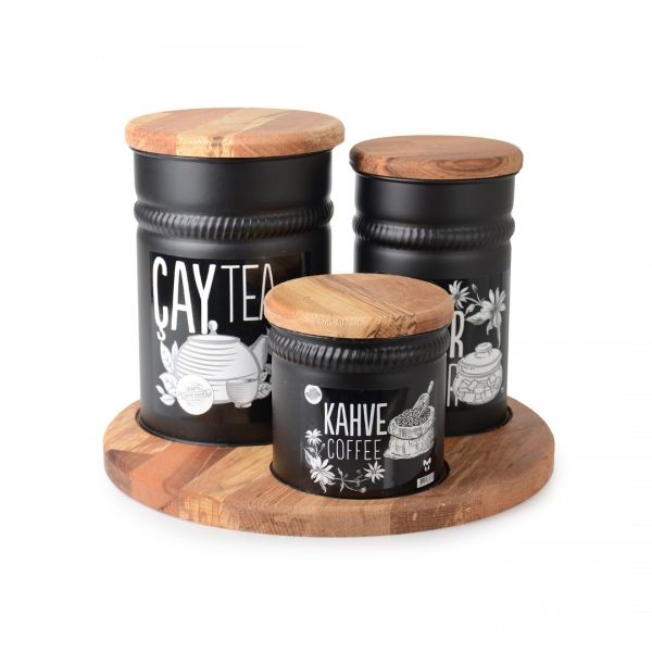 803S BLACK ROUND WOODEN STAND 3 LU METAL SPICES | SILK-YLD003