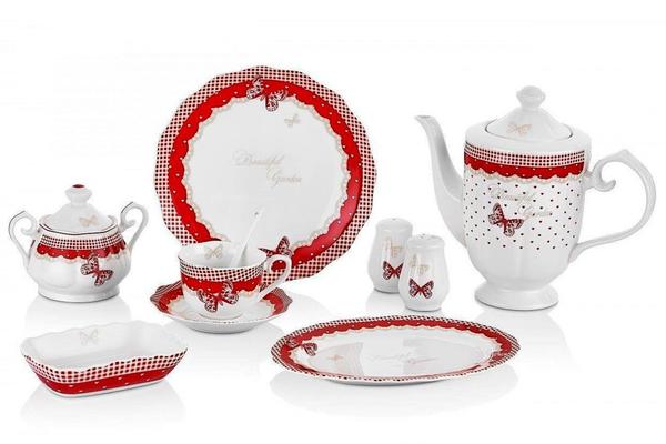 Neva Beautiful Garden 36 Parça Kelebek Desenli Porselen Kahvaltı Takımı | Kırmızı | 6 Kişilik