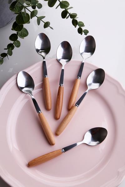 Queen's Kitchen | Lüx 6 Adet Kahverengi Bambu Saplı Tatlı Kaşığı
