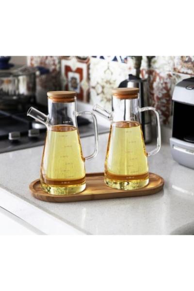 Bayev Vakuum Borosilikat 650 ml Glasölflasche mit Bambusdeckel 3er-Set