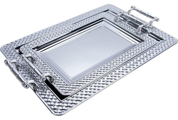 Almina 2‘li İşlemeli Metal Tepsi | Gümüş | Al-4014-1