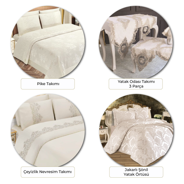 Nevresim Takımı, Pike Takımı, Yatak Örtüsü, Masa Örtüsü Çeyiz Seti | 4 Parça | Krem Rengi & Bej