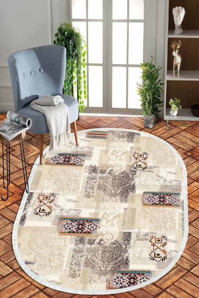 Birkilim Oval Yıkanabilir İpeksi Kaymaz Taban Dekoratif Halı | MLN-IP-O-HT-951