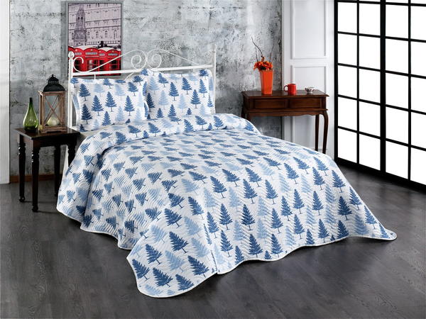 Belenay Baskılı Çift Kişilik Kapitone Yatak Örtüsü - Wood V-2 Mavi