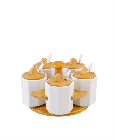 Bambu Kapaklı Porselen 5Li Baharat Takımı