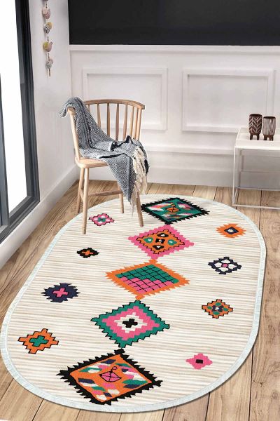 Birkilim Oval Yıkanabilir İpeksi Kaymaz Taban Dekoratif Halı | MLN-IP-O-HK-142