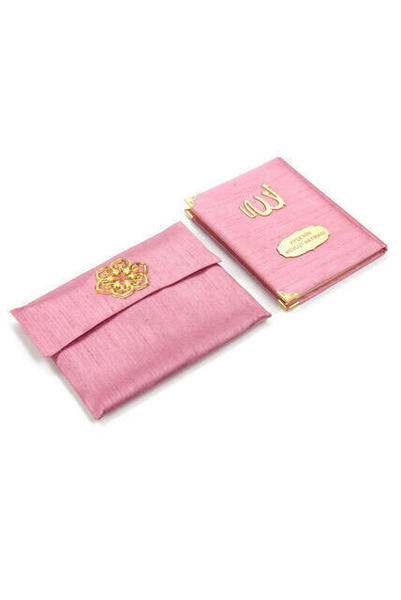 Şantuk Kumaş Kaplı Yasin Kitabı - Çanta Boy - İsme Özel Plakalı - Keseli - Pembe Renk - Mevlid Hediy