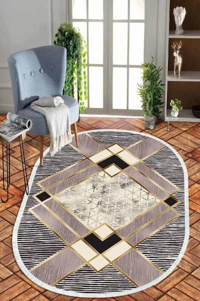 Birkilim Oval Yıkanabilir İpeksi Kaymaz Taban Dekoratif Halı | MLN-IP-O-HT-1073
