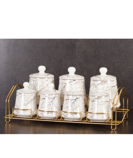 Acar Mutfak | Porselen 7'Li Mermer Desenli Baharat Set