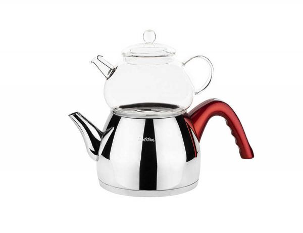 Tantitoni | Kırmızı Konik Orta Boy Paslanmaz Çelik Çaydanlık Takımı 980/1700ml