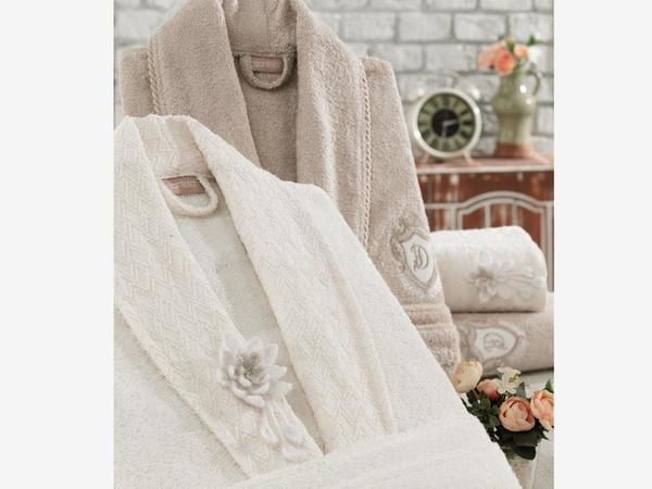 Nilüfer Örgü Yaka 3d Nakışlı Bambu Bornoz Takımı Krem Taş | Dantela