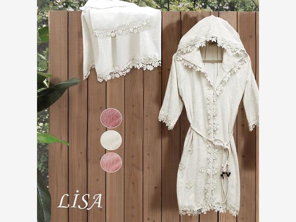 Bambus Spitze Lisa Hooded Damen Bademantel Set Creme