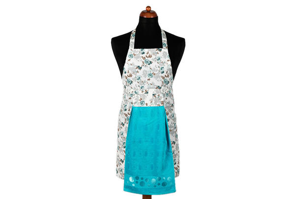 Dekonaz Çiçek Desenli Mutfak Önlüğü | Turkuaz Havlu ve El Bezi Hediyeli | 73cm x 59cm