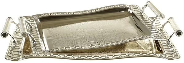 Almina Elegant Tepsi Seti 2 Parça Gümüş Çiçek Desen