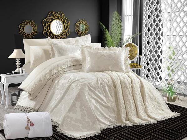 Fransız Güpürlü Pamuk Saten Eliz Evlilik Seti Krem - 11 Parça