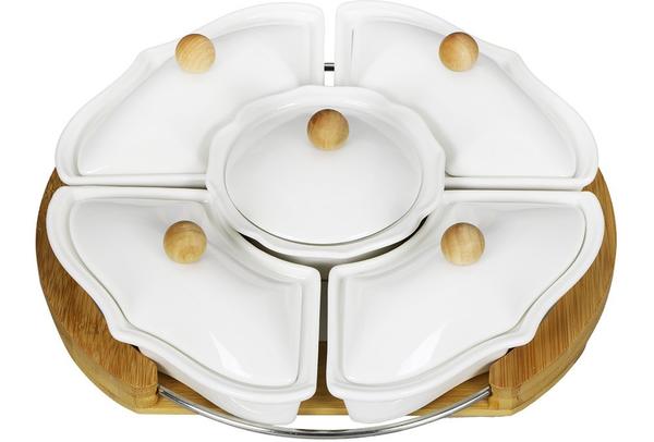 Almina Ahşap Tepsili Porselen Çerez - Kahvaltı Servis Kase Seti 11 Parça | Beyaz