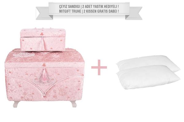 Dekonaz 2'li Dantel İnci Süslemeli Çeyiz Sandığı | 2 Adet Yastık Hediyeli !