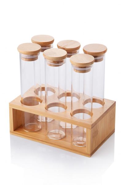 Queen's Kitchen | Bambu Standlı 6'lı Cam Tüp Baharat Takımı