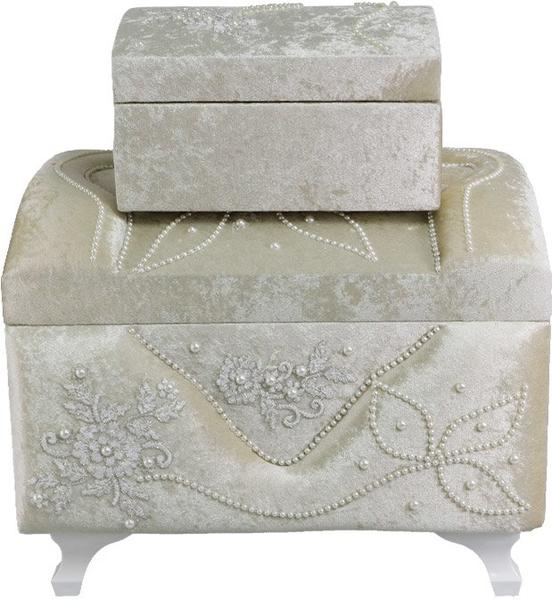 Dekonaz 2'li İnci Süslemeli Çiçek Desenli Çeyiz Sandığı | Bej | Dts-0002-c