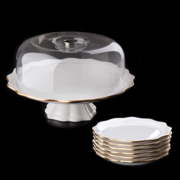 Asaf Seramik 8 Parça Beyaz- Gold Pasta İkram Seti