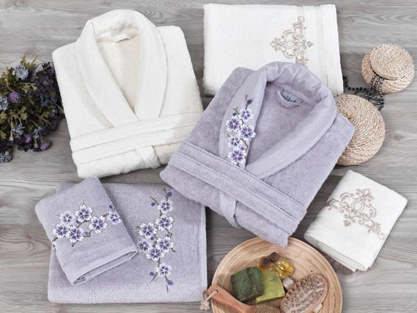 Arliva Bambu 3D Nakışlı Aile Bornoz Seti Lila Krem